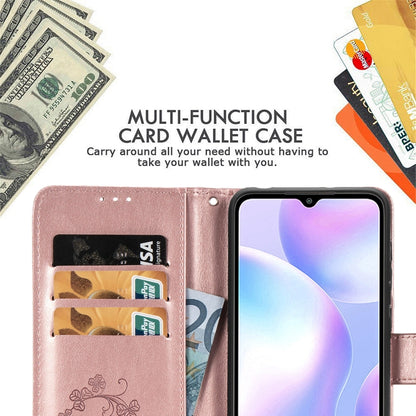 For Xiaomi Redmi 9A Four-leaf Clasp Embossed Buckle Horizontal Flip TPU + PU Leather Case with Lanyard & Card Slot & Wallet & Holder(Rose Gold) - Xiaomi Cases by buy2fix | Online Shopping UK | buy2fix