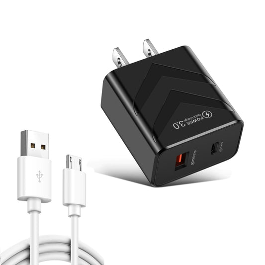 LZ-715 20W PD + QC 3.0 Dual Ports Fast Charging Travel Charger with USB to Micro USB Data Cable, US Plug(Black) - Mobile Accessories by buy2fix | Online Shopping UK | buy2fix