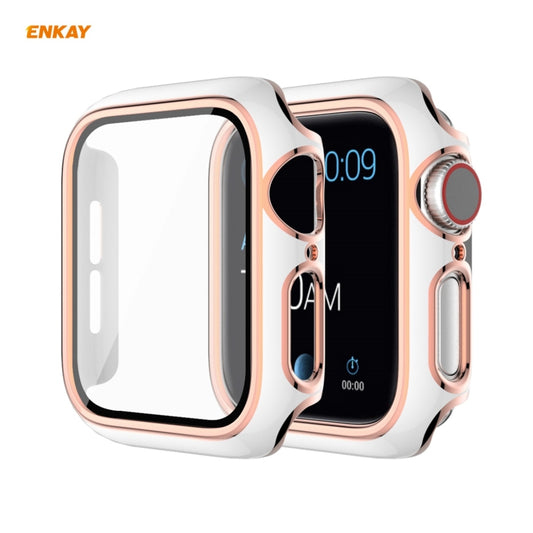 ENKAY Hat-Prince Full Coverage Electroplated PC Case + Tempered Glass Protector for Apple Watch Series 6 / 5 / 4 / SE 40mm(White+Champagne) - Watch Cases by ENKAY | Online Shopping UK | buy2fix