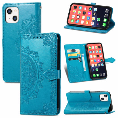 For iPhone 13 Mandala Flower Embossed Horizontal Flip Leather Case with Holder & Three Card Slots & Wallet & Lanyard (Blue) - Apple Accessories by buy2fix | Online Shopping UK | buy2fix