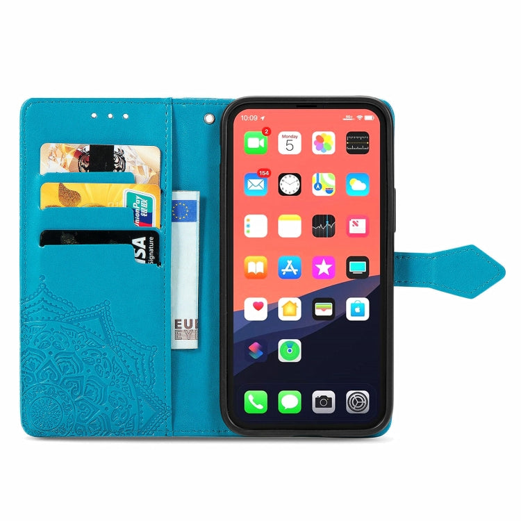 For iPhone 13 Mandala Flower Embossed Horizontal Flip Leather Case with Holder & Three Card Slots & Wallet & Lanyard (Blue) - Apple Accessories by buy2fix | Online Shopping UK | buy2fix