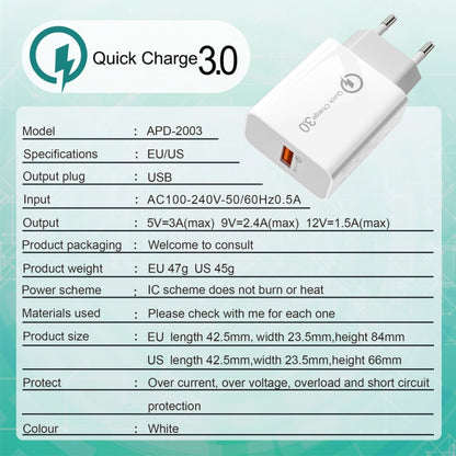 APD-2003 18W QC3.0 Single Port USB Travel Charger for Mobile Phone / Tablet(EU Plug) - Mobile Accessories by buy2fix | Online Shopping UK | buy2fix