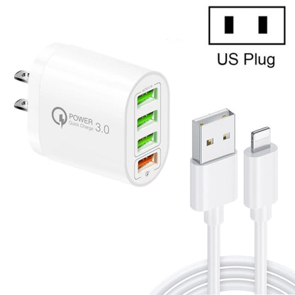 QC-04 QC3.0 + 3 x USB2.0 Multi-ports Charger with 3A USB to 8 Pin Data Cable,US Plug(White) - Apple Accessories by buy2fix | Online Shopping UK | buy2fix