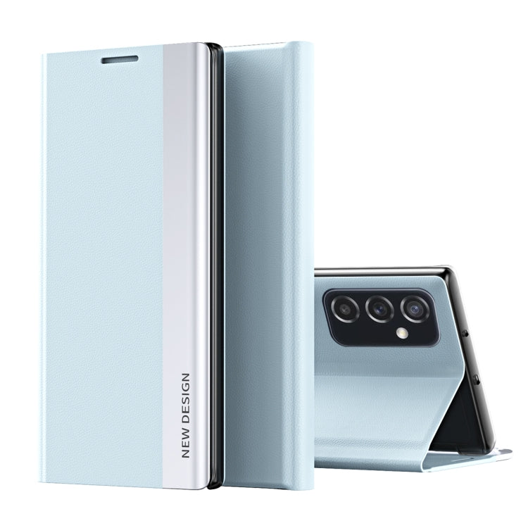 For Samsung Galaxy A73 5G Side Electroplated Magnetic Flip Leather Case with Holder(Light Blue) - Samsung Accessories by buy2fix | Online Shopping UK | buy2fix