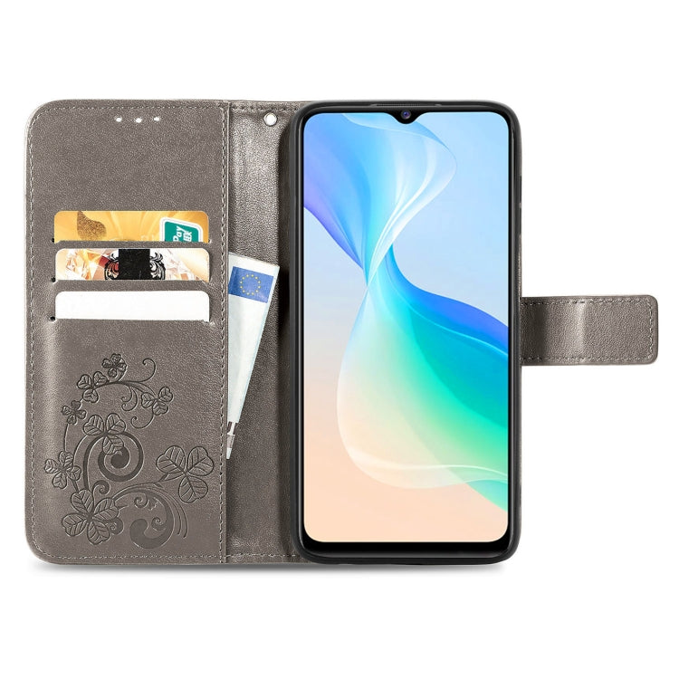 For vivo Y76 5G Four-leaf Clasp Embossed Buckle Leather Phone Case(Gray) - OPPO & vivo Accessories by buy2fix | Online Shopping UK | buy2fix