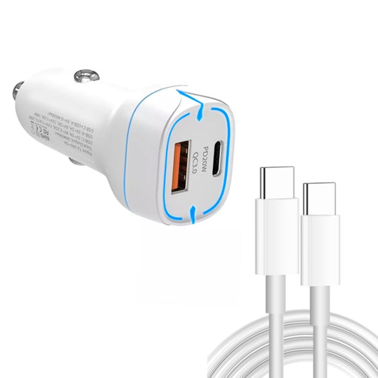 38W PD20W + QC3.0 USB Car Charger with Type-C to Type-C Data Cable, Length: 1m(White) - In Car by buy2fix | Online Shopping UK | buy2fix