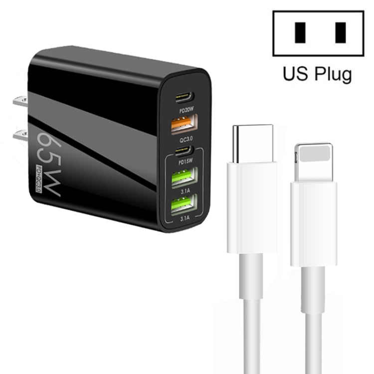 65W Dual PD Type-C + 3 x USB Multi Port Charger with 3A Type-C to 8 Pin Data Cable, US Plug(Black) - Apple Accessories by buy2fix | Online Shopping UK | buy2fix