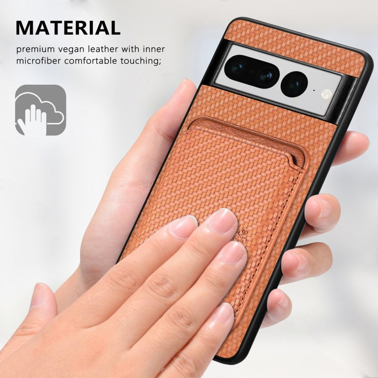 For Google Pixel 7 Pro Carbon Fiber Leather Card Magsafe Phone Case(Khaki) - Google Cases by buy2fix | Online Shopping UK | buy2fix
