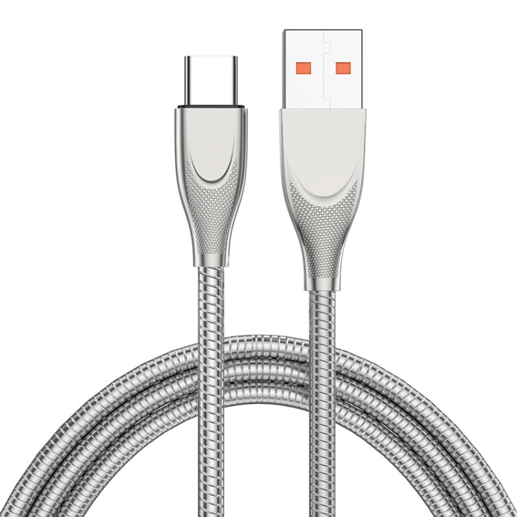 ENKAY ENK-CB132 USB to USB-C / Type-C Carbon Steel Hose Spring 6A Supper Fast Charging Data Cable, Length:1m(Silver) -  by ENKAY | Online Shopping UK | buy2fix