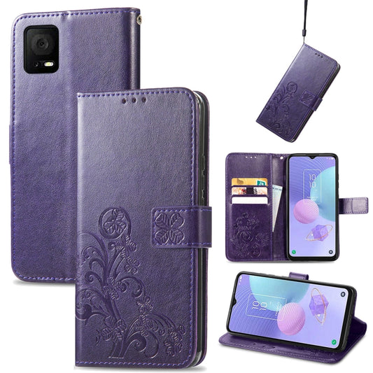 For TCL 405 Four-leaf Clasp Embossed Buckle Leather Phone Case(Purple) - More Brand by buy2fix | Online Shopping UK | buy2fix