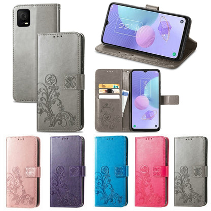 For TCL 405 Four-leaf Clasp Embossed Buckle Leather Phone Case(Gray) - More Brand by buy2fix | Online Shopping UK | buy2fix