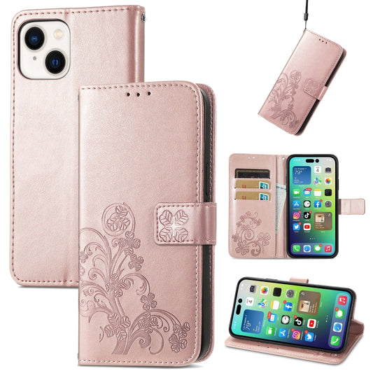 For iPhone 15 Four-leaf Clasp Embossed Buckle Leather Phone Case(Rose Gold) - iPhone 15 Cases by buy2fix | Online Shopping UK | buy2fix