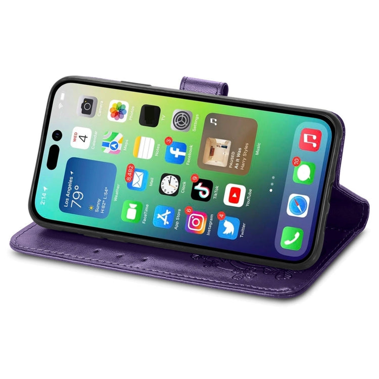 For iPhone 15 Pro Max Four-leaf Clasp Embossed Buckle Leather Phone Case(Purple) - iPhone 15 Pro Max Cases by buy2fix | Online Shopping UK | buy2fix