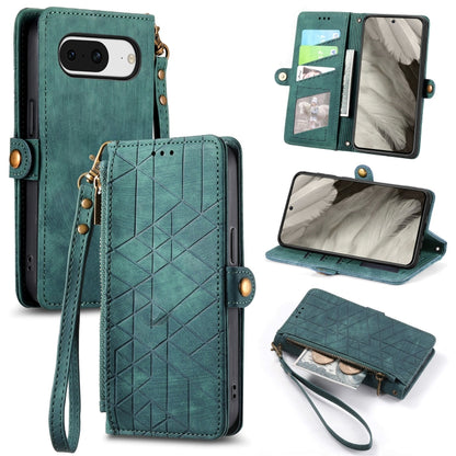 For Google Pixel 8 Pro Geometric Zipper Wallet Side Buckle Leather Phone Case(Green) - Google Cases by buy2fix | Online Shopping UK | buy2fix