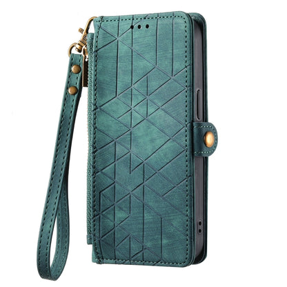 For Google Pixel 6A Geometric Zipper Wallet Side Buckle Leather Phone Case(Green) - Google Cases by buy2fix | Online Shopping UK | buy2fix