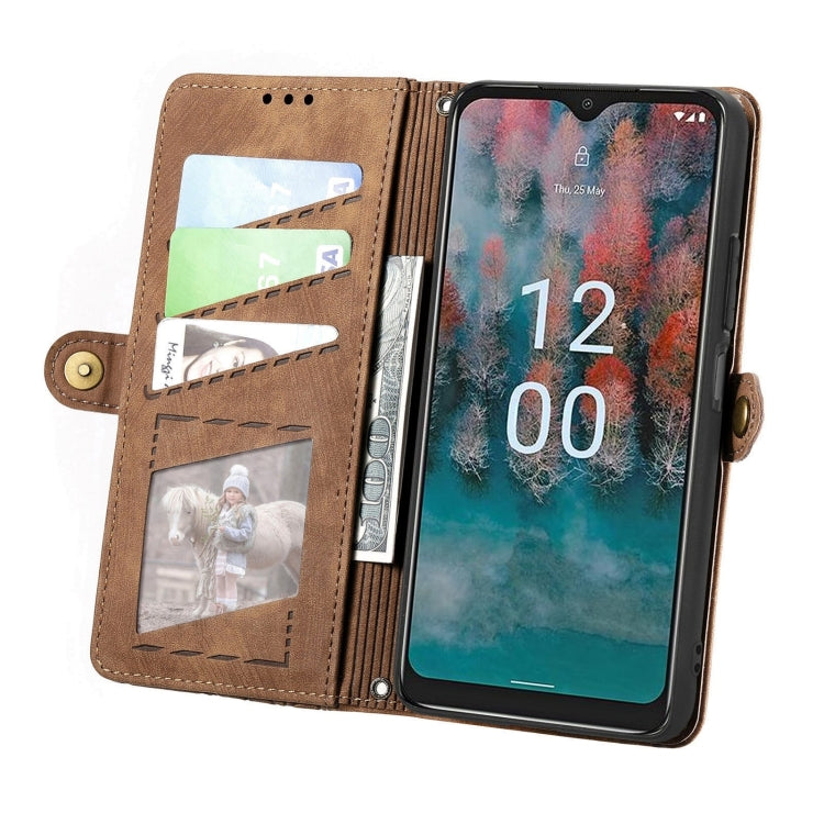 For Nokia C12 Geometric Zipper Wallet Side Buckle Leather Phone Case(Brown) - Nokia Cases by buy2fix | Online Shopping UK | buy2fix