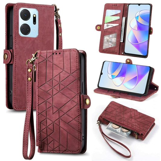 For Honor X7A Geometric Zipper Wallet Side Buckle Leather Phone Case(Red) - Honor Cases by buy2fix | Online Shopping UK | buy2fix