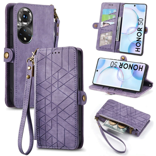 For Honor 50 Geometric Zipper Wallet Side Buckle Leather Phone Case(Purple) - Honor Cases by buy2fix | Online Shopping UK | buy2fix