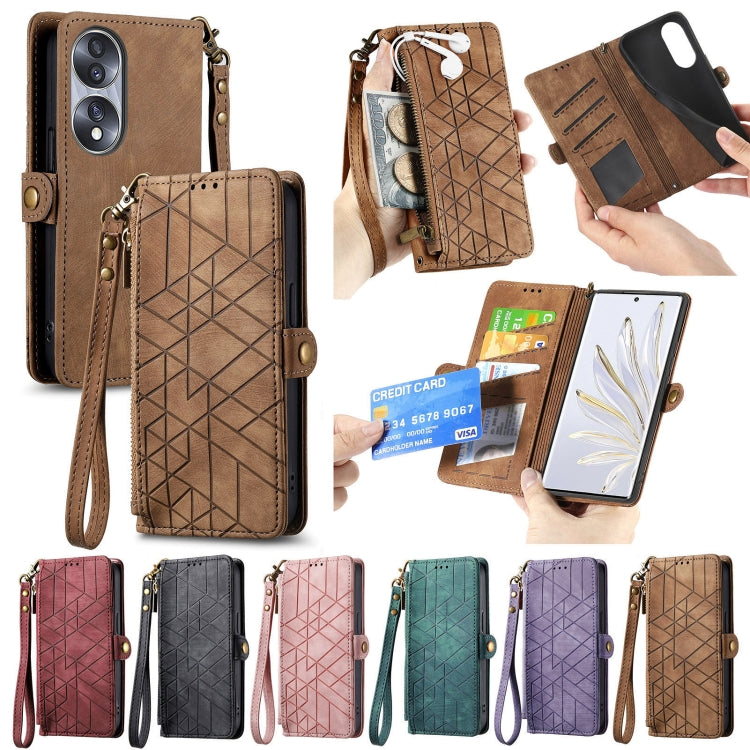 For Honor 80 Geometric Zipper Wallet Side Buckle Leather Phone Case(Brown) - Honor Cases by buy2fix | Online Shopping UK | buy2fix