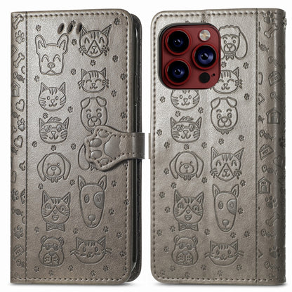 For iPhone 15 Pro Max Cat and Dog Embossed Leather Phone Case(Gray) - iPhone 15 Pro Max Cases by buy2fix | Online Shopping UK | buy2fix