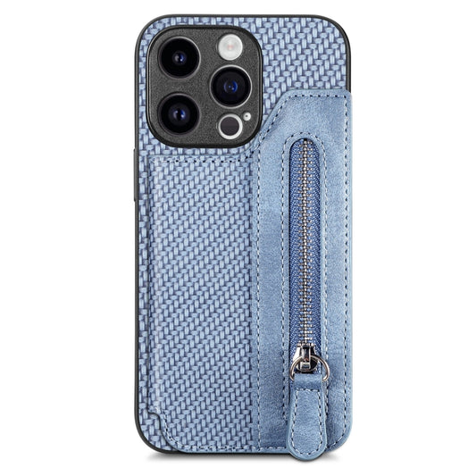 For iPhone 15 Pro Max Carbon Fiber Horizontal Flip Zipper Wallet Phone Case(Blue) - iPhone 15 Pro Max Cases by buy2fix | Online Shopping UK | buy2fix