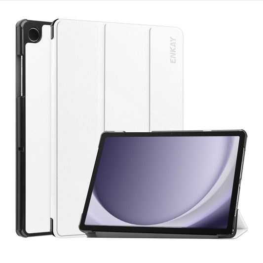 For Samsung Galaxy Tab A9+ 11.0 ENKAY Tri-fold Custer Texture Leather Smart Tablet Case(White) - Galaxy Tab A9+ by ENKAY | Online Shopping UK | buy2fix