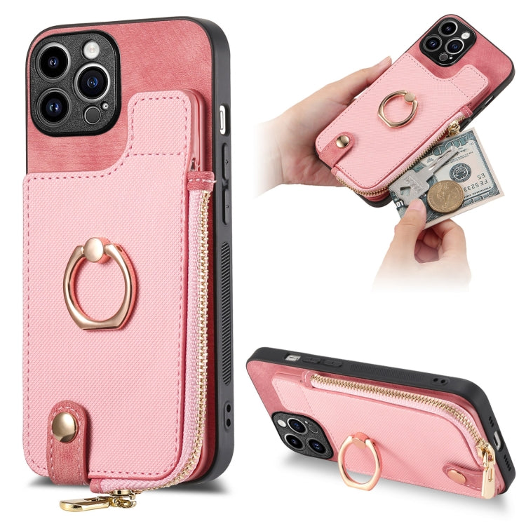 For iPhone 15 Pro Max Cross Leather Ring Vertical Zipper Wallet Back Phone Case(Pink) - iPhone 15 Pro Max Cases by buy2fix | Online Shopping UK | buy2fix