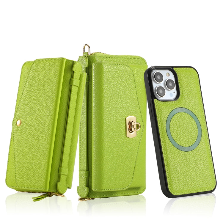 For iPhone 13 MagSafe Crossbody Multi-functional Zipper Wallet Litchi Leather Phone Case(Green) - iPhone 13 Cases by buy2fix | Online Shopping UK | buy2fix