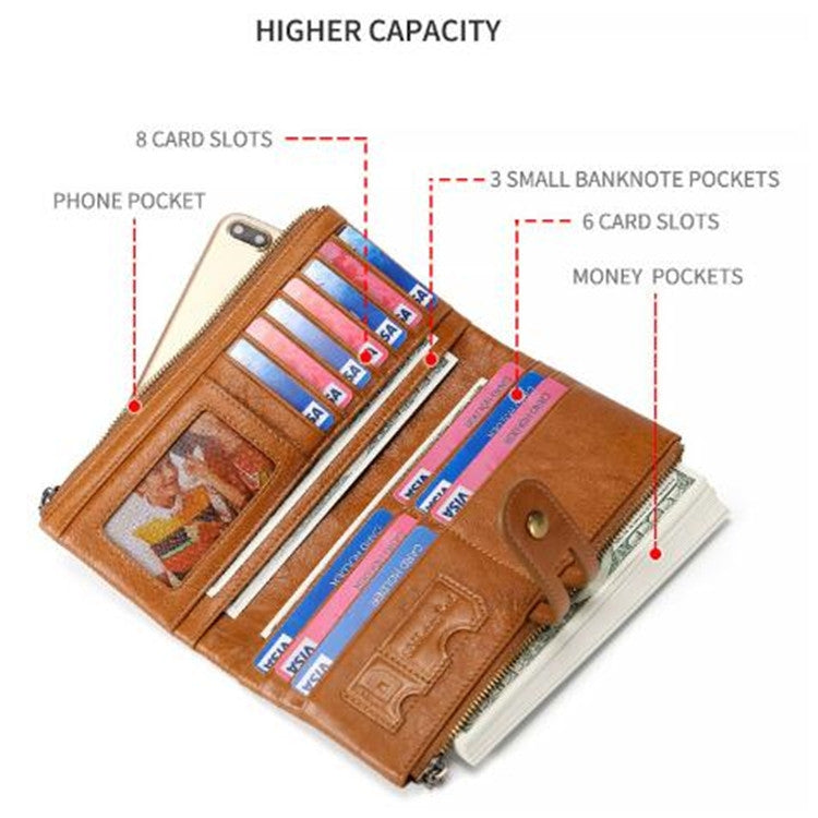 Ladies Genuine Leather Long Wallet Anti-theft Card Bag Multifunctional Clutch Bag(Brown) - Antimagnetic RFID Package by buy2fix | Online Shopping UK | buy2fix