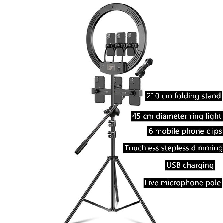 18 inch+6 Phone Clips+Microphone Pole Dimmable Color Temperature LED Ring Fill Light Live Broadcast Set With 2.1m Tripod Mount, CN Plug - Consumer Electronics by buy2fix | Online Shopping UK | buy2fix