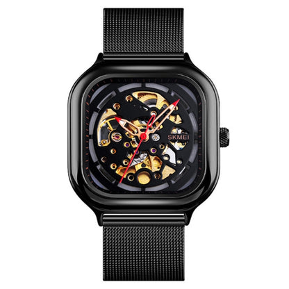 SKMEI 9184 Men Automatic Mechanical Watch Mesh with Hollow Square Tourbillon Student Watch (Black) - Metal Strap Watches by SKMEI | Online Shopping UK | buy2fix