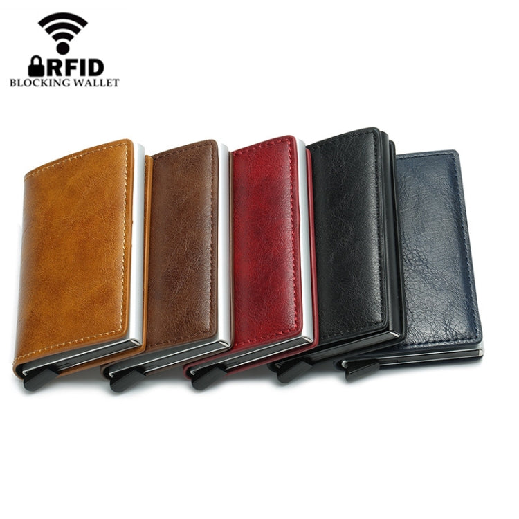 Automatic Elastic Card Type Anti-magnetic RFID Anti-theft Retro Card Package Universal Leather Metal Wallet(Brown) - Home & Garden by buy2fix | Online Shopping UK | buy2fix