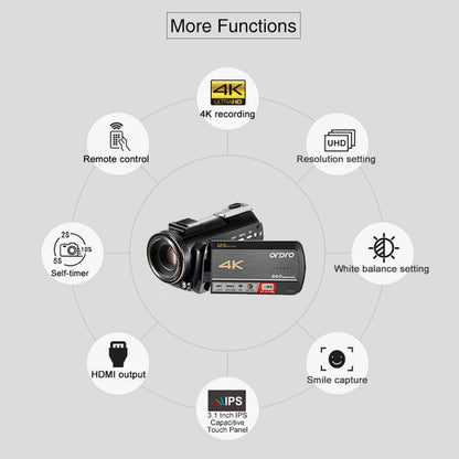 ORDRO AC5 4K HD Night Vision WiFi 12X Optical Zoom Digital Video DV Camera Camcorder, Style:Standard(Black) - Consumer Electronics by ORDRO | Online Shopping UK | buy2fix