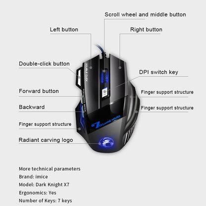 IMICE X7 2400 DPI 7-Key Wired Gaming Mouse with Colorful Breathing Light, Cable Length: 1.8m(Skin Black Color Box Version) - Wired Mice by IMICE | Online Shopping UK | buy2fix