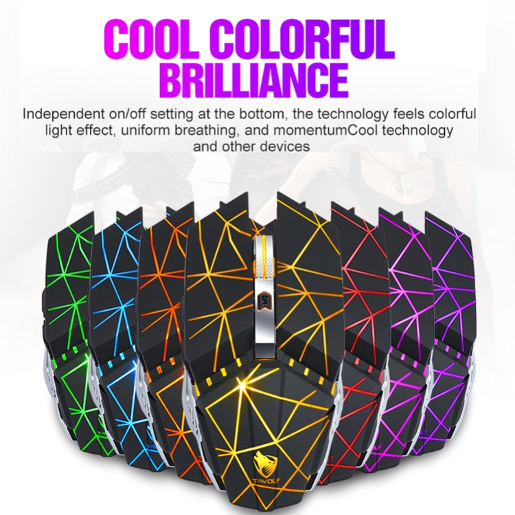 T-WOLF Q15 6-Buttons 1600 DPI Wireless Rechargeable Mute Office Gaming Mouse with 7 Color Breathing Light(Technology Black) - Wireless Mice by T-WOLF | Online Shopping UK | buy2fix