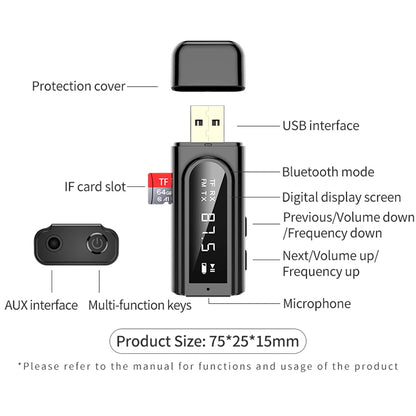 K9 USB Car Bluetooth 5.0 Adapter Receiver FM + AUX Audio Dual Output Stereo Transmitter (Black) - Apple Accessories by buy2fix | Online Shopping UK | buy2fix