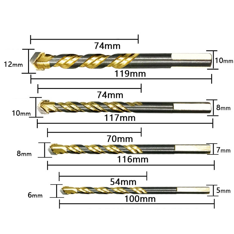 6mm+8mm+10mm+12mm Titanium-Plated King Drill Porcelain Brick Glass Brick Drill Punched Twist Triangle Drill - Drill & Drill Bits by buy2fix | Online Shopping UK | buy2fix