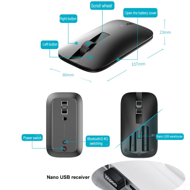 Rapoo M550 1300DPI 3 Keys Home Office Wireless Bluetooth Silent Mouse, Colour: Wired Charging Version - Wireless Mice by Rapoo | Online Shopping UK | buy2fix