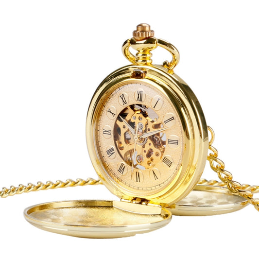 pm240 Classic Double Open Double Face Vintage Manual Mechanical Pocket Watch with Roman Lettering(Gold Shell Gold Face Movement) - Necklace Watch Watches by buy2fix | Online Shopping UK | buy2fix