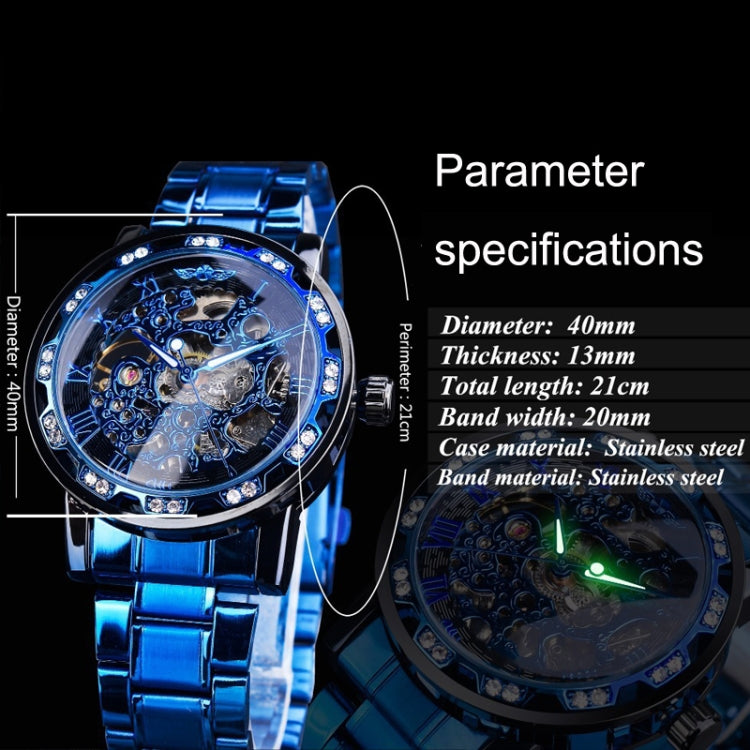 Winner Leisure Skeleton Diamond Luminous Pointer Watch Men Manual Mechanical Watch(Blue Belt Black Shell Blue Face) - Metal Strap Watches by Winner | Online Shopping UK | buy2fix