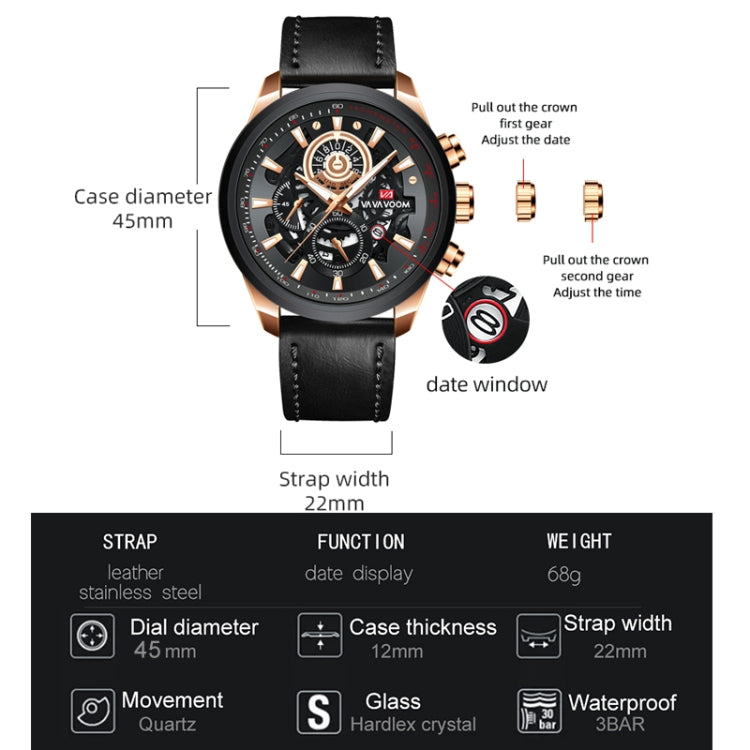 VAVA VOOM 2311P-YH Silver Shell Black Belt Men Waterproof Sports Luminous Calendar Casual Quartz Hollow Watch - Sport Watches by VAVA VOOM | Online Shopping UK | buy2fix