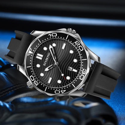 Black Silicon Inter-gold Black BINBOND B2820 Luminous 30m Waterproof Men Sports Quartz Watch - Silicone Strap Watches by BINBOND | Online Shopping UK | buy2fix