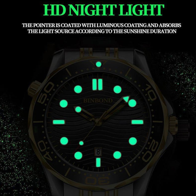 Black Silicon Black Steel Black BINBOND B2820 Luminous 30m Waterproof Men Sports Quartz Watch - Silicone Strap Watches by BINBOND | Online Shopping UK | buy2fix