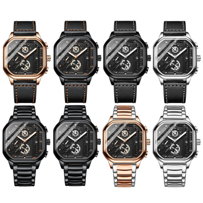 BINBOND B6577 30M Waterproof Luminous Square Quartz Watch, Color: Black Leather-Black-Black - Leather Strap Watches by BINBOND | Online Shopping UK | buy2fix