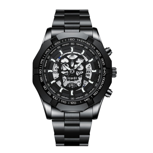 BINBOND S034 30M Waterproof Quartz Watch Skull Skeleton Luminous Watch(Black Steel Black White Nail) - Metal Strap Watches by BINBOND | Online Shopping UK | buy2fix