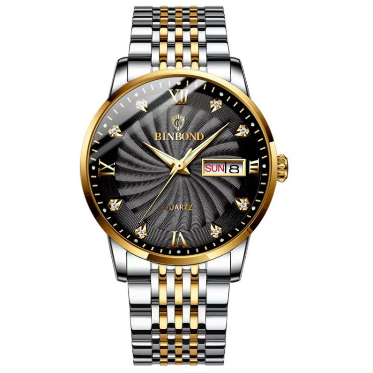 BINBOND B3034 Diamond 30m Waterproof Business Watch Men's Butterfly Buckle Luminous Quartz Watch(Inter-gold-Black) - Metal Strap Watches by BINBOND | Online Shopping UK | buy2fix