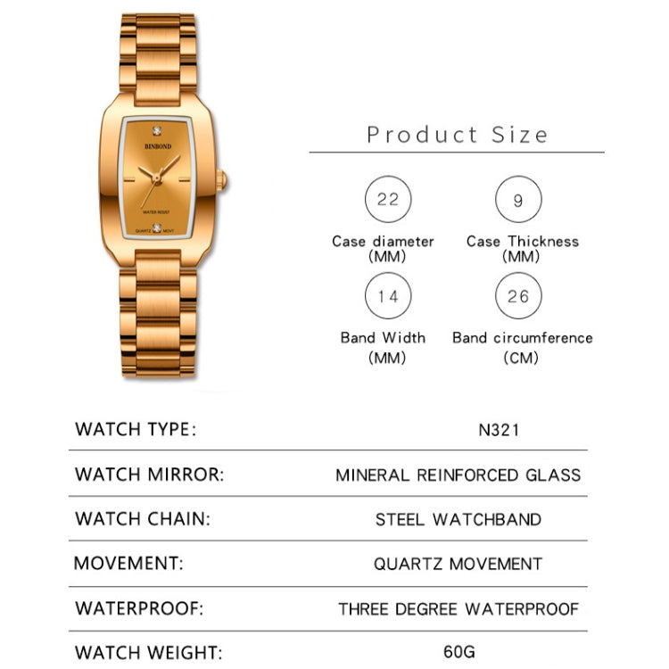 BINBOND N321 Square Temperament Metal 30M Waterproof Quartz Watch, Color: Black - Metal Strap Watches by BINBOND | Online Shopping UK | buy2fix