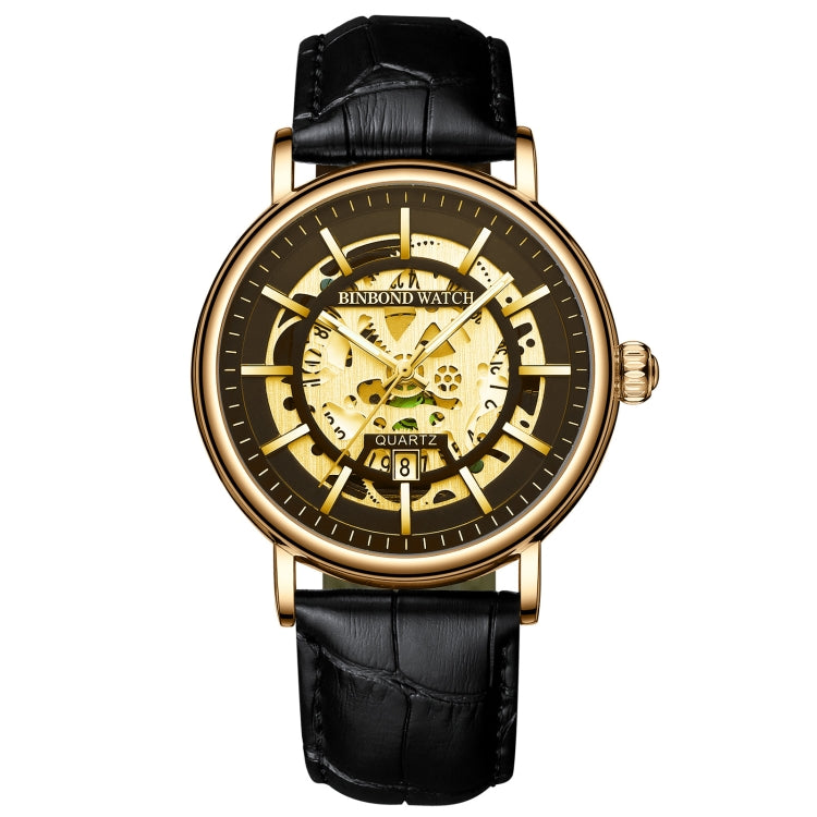 BINBOND B7872 Multifunctional Hollow Luminous Waterproof Quartz Watch, Color: Black Leather-Full-gold-Black - Leather Strap Watches by BINBOND | Online Shopping UK | buy2fix