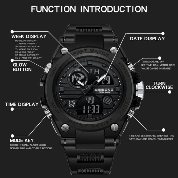 BINBOND B885 Outdoor Sports Timing Dual-Display Waterproof Electronic Watches(Black-Black-Black) - Sport Watches by BINBOND | Online Shopping UK | buy2fix