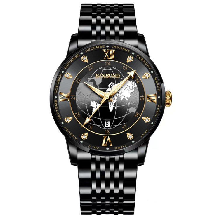 BINBOND B1117 30M Waterproof Earth Dial Butterfly Buckle Luminous Quartz Watch(Black Steel-Black-Gold) - Metal Strap Watches by BINBOND | Online Shopping UK | buy2fix